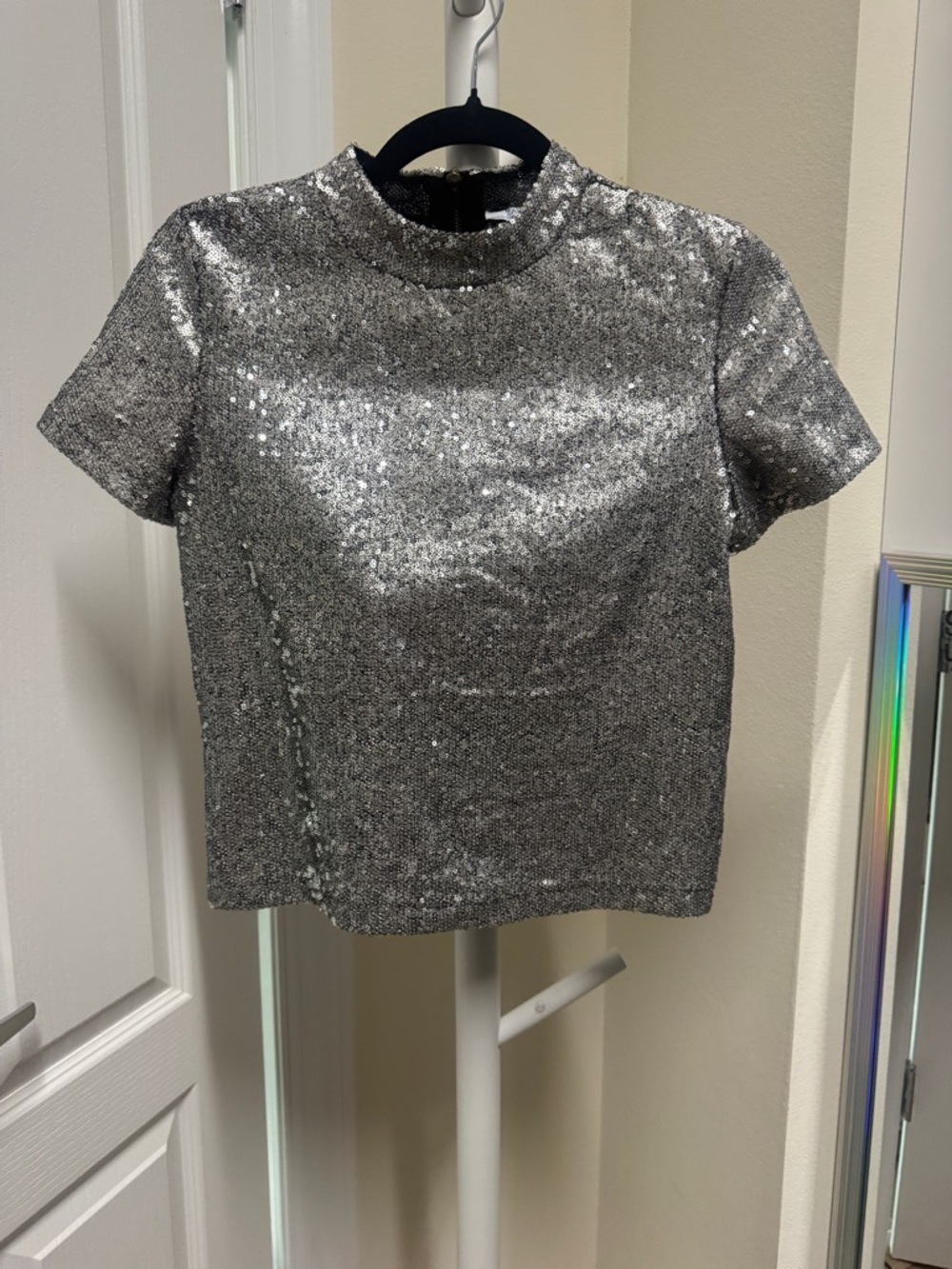 Zara Silver Sequin Short Sleeve Mock Neck Top